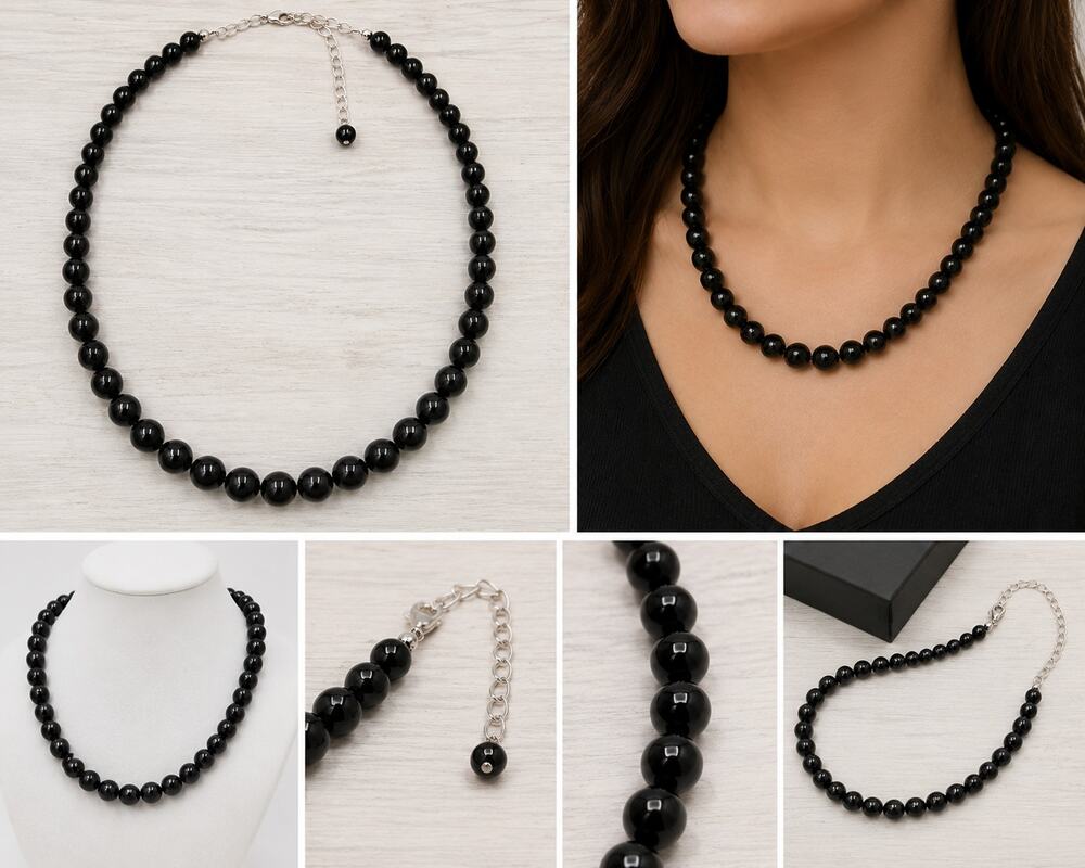 Black Beaded Statement Necklace with Silver-Tone Adjustable Chain